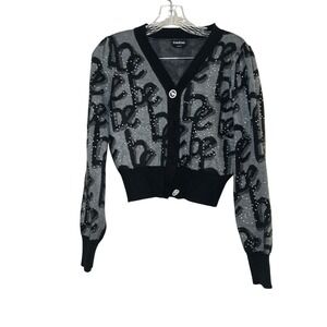 Bebe Embellished Logo Cardigan, Rhinestone Button, Gray Black, Women's Medium